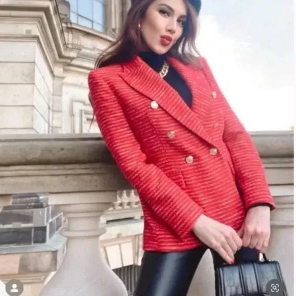 ZARA TWEED TEXTURED WEAVE DOUBLE BREASTED BLAZER RED/WHITE NEW